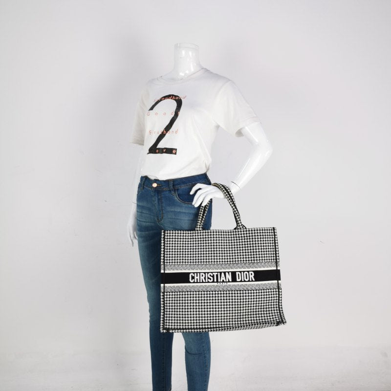 Dior Canvas Houndstooth Embroidered Large Book Tote Black White