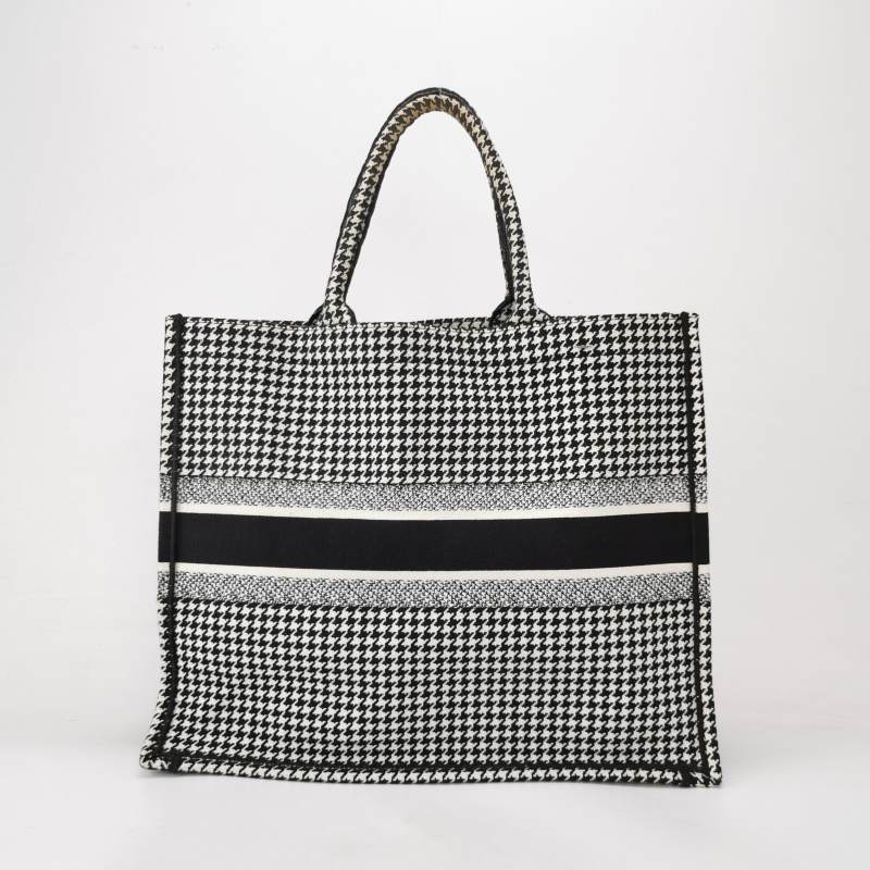 Dior Canvas Houndstooth Embroidered Large Book Tote Black White