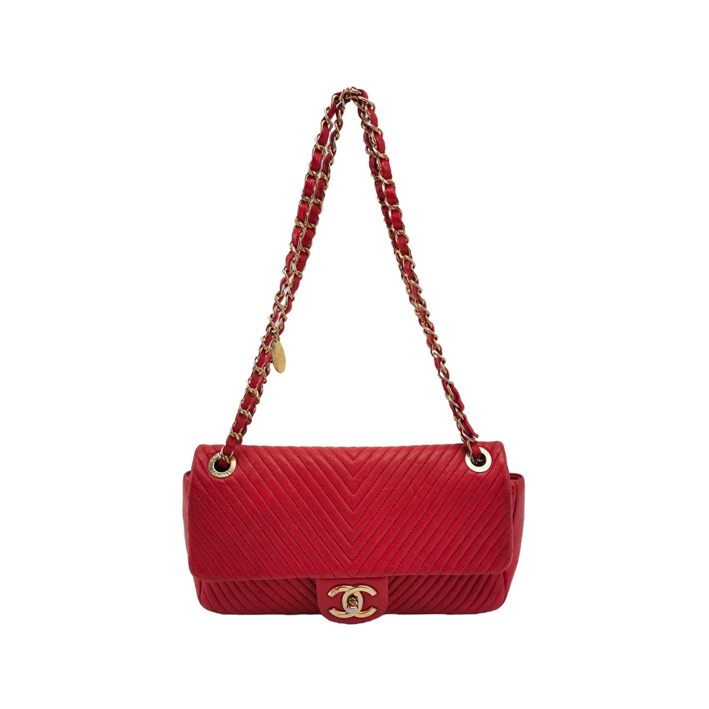 Chanel Red Chevron Quilted Lambskin Medium Classic Single Flap Bag