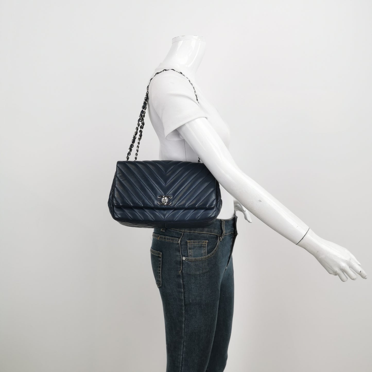 Chanel Navy Blue Chevron Leather Bag