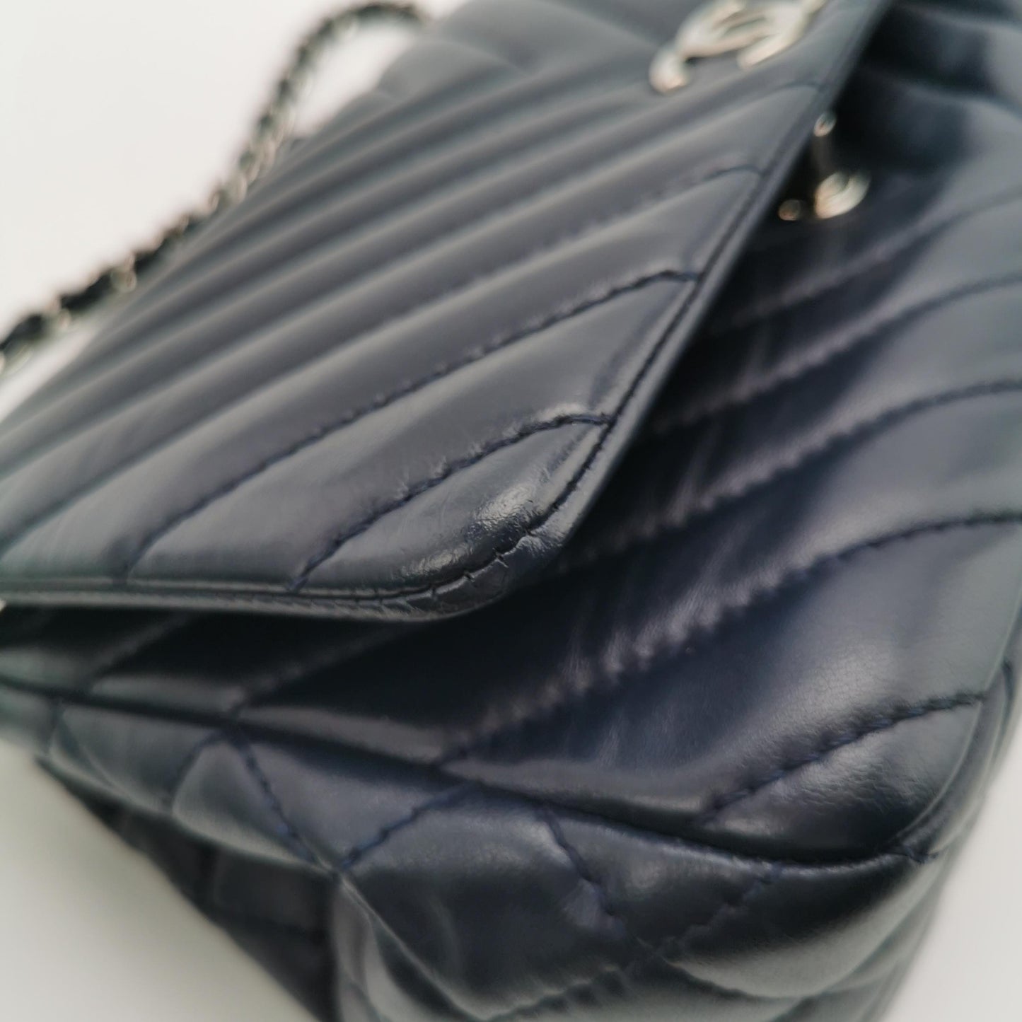 Chanel Navy Blue Chevron Leather Bag