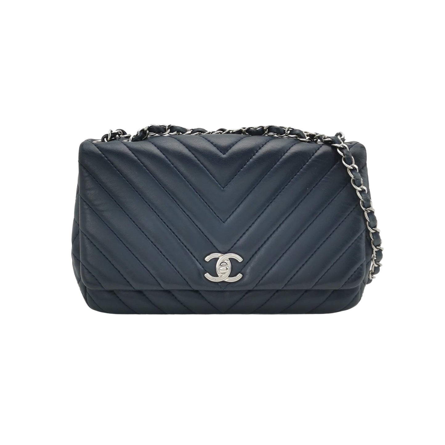 Chanel Navy Blue Chevron Leather Bag